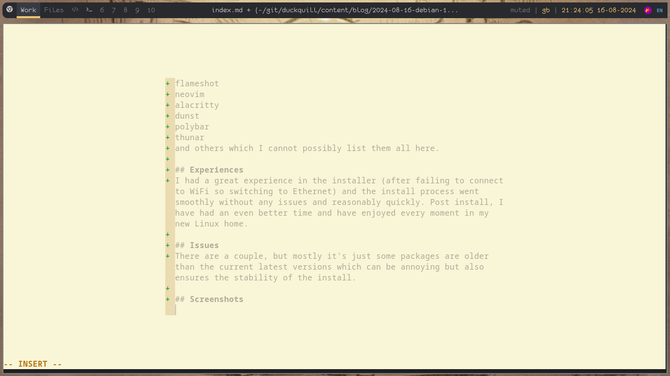 Screenshot of Neovim inside Alacritty on Debian 12 Bookworm